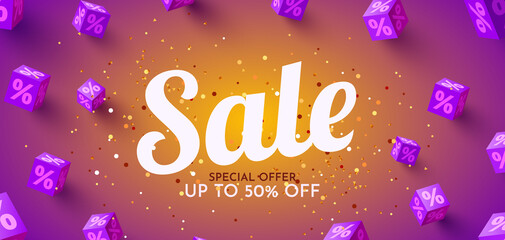 Great discount sale banner or poster design on bright background. Sale word composition with confetti.