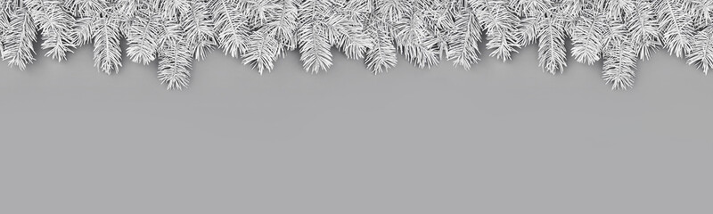 Christmas banner with festive borders of fluffy light gray fir branches on gray background. Trendy monochrome xmas template. Top view, flat lay style, copy space for text.