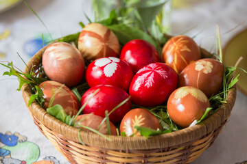 traditional Easter eggs and flowers