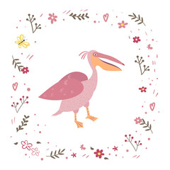 Pink pelican is standing isolated on a white background. Frame from plants and flowers. 