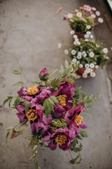 bouquet of woody peonies on the concrete floor top view. peonies flowers top view