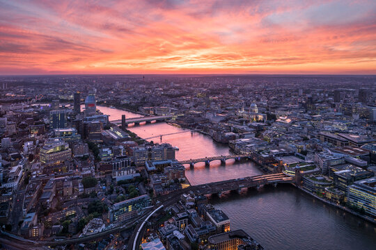 Aerial view of the London skyline at sunset, United Kingdom
