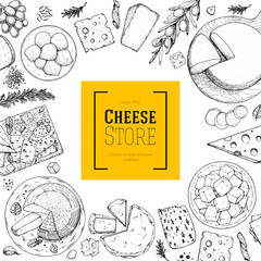 Fototapeta premium Cheese design template. Hand drawn sketch. Retro food background. Different cheese kinds banner. Dairy farm products cheese.