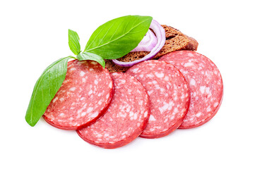 Boiled sausages slice isolated on white