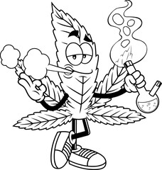 Outlined Funny Marijuana Leaf Cartoon Character Smoking A Bong. Vector Hand Drawn Illustration Isolated On Transparent Background