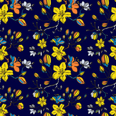 Naklejka na ściany i meble Colorful graphic floral vector seamless pattern on a blue background. Stylized hand-painted garden lily and exotic flower texture. Fashionable foliage print.