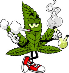 Funny Marijuana Leaf Cartoon Character Smoking A Bong. Vector Hand Drawn Illustration Isolated On Transparent Background