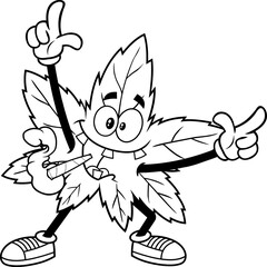 Outlined Happy Marijuana Leaf Cartoon Character With Joint Dancing. Vector Hand Drawn Illustration Isolated On Transparent Background