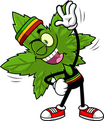 Smiling Marijuana Leaf Cartoon Character Does Gymnastics. Vector Hand Drawn Illustration Isolated On Transparent Background