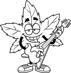 Outlined Happy Marijuana Leaf Cartoon Character With Guitar Smoking A Joint. Vector Hand Drawn Illustration Isolated On Transparent Background