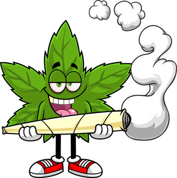 Crazy Marijuana Leaf Cartoon Character Holding A Big Joint. Vector Hand Drawn Illustration Isolated On Transparent Background