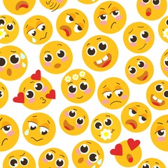 Seamless pattern with the image of various emojis. Design for paper, textile and decor. Vector illustration.