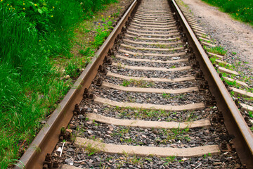 railway. rails and sleepers are installed on the gravel. the old railway. rust on the rails