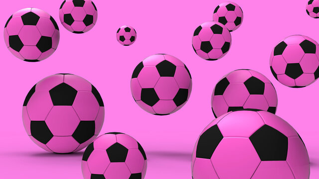 Image of pink soccer balls on a pink background. 3d render pink soccer balls. Pop art style