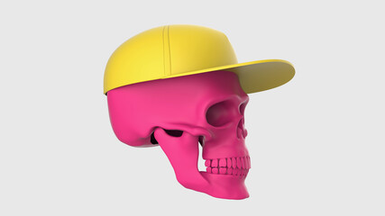 3d render  skull in a cap on a gray background. 3d render pink skull. Pop art style