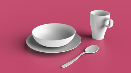 3d rendering a set of kitchen utensils. Mug, plate and spoon. Backgrounds for kitchen interior