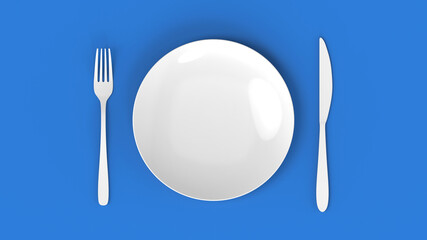 Top view of plate, fork and knive on blue background. The image is in the style of minimalism.3D rendering of a set of cookware