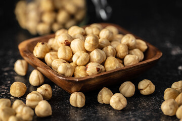Peeled roasted hazelnut kernels.