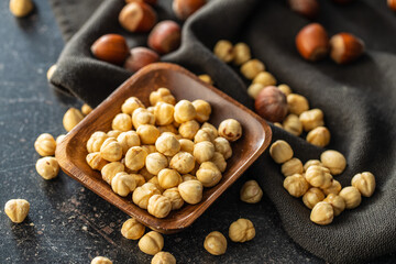 Peeled roasted hazelnut kernels.
