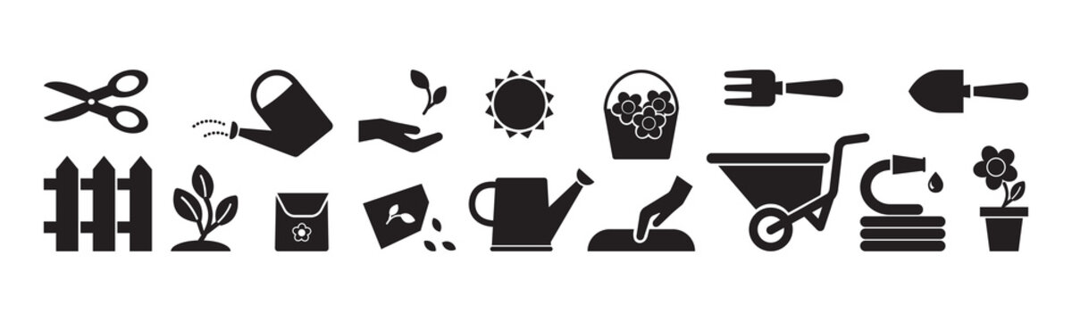 Garden vector icon set, black silhouettes isolated on white background. Simple illustration