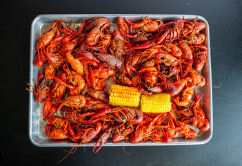 Boiled Crawfish with Yellow Corn on the Cob