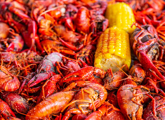 Boiled Crawfish with Yellow Corn on the Cob