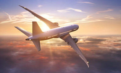 Passengers commercial airplane flying above clouds