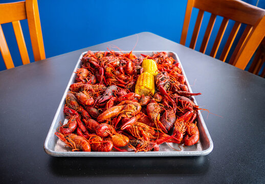 Boiled Crawfish with Yellow Corn on the Cob