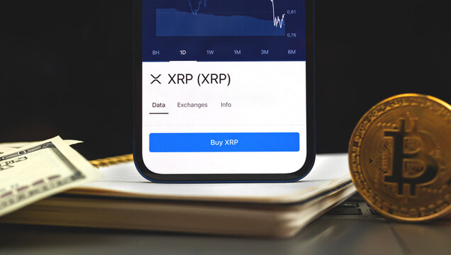Ripple XRP crypto currency o your mobile phone, mobile banking concept, trade and investment in new virtual money, business background photo