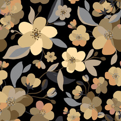 Watercolor sakura and thorns pattern. Seamless natural texture with blossom cherry tree branches. Hand drawn japanese flowers on dark black background. Vector illustration