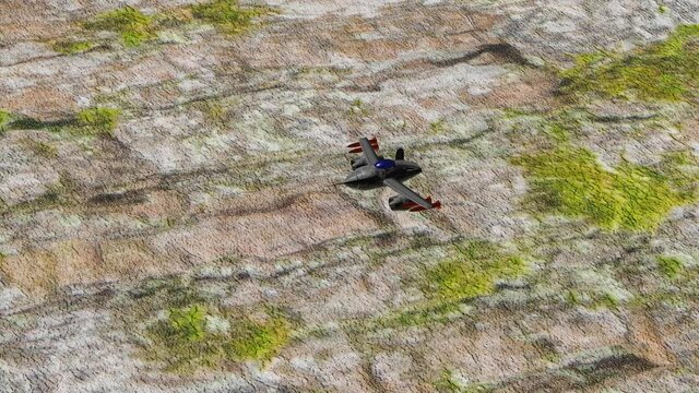 3d created video of fighter plane flying over landscape