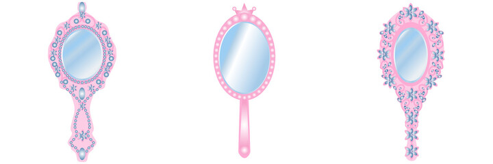 vector illustration of three magic hand mirrors of the princess in different styles in pink and blue tones © Nataliia Kheilo