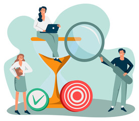 Tiny people developing self control system isolated flat vector illustration. Metaphor of target and goal achievement for productive work. Time management and development concept