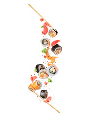 Fresh various sushi rolls with ingredients in the air on white background