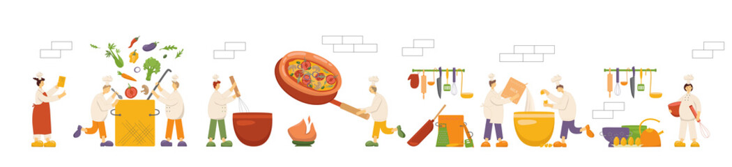 Chef cooks are cooking food, dish on kitchen in restaurant. Funny men and women making soup, pizza, dough. Set dinner preparation process cookers work. Vector illustration isolated on background. EPS