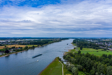 Fototapeta na wymiar Panoramic view of the Rhine near Leverkusen. Drone photography.