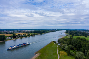 Fototapeta premium Panoramic view of the Rhine near Leverkusen. Drone photography.