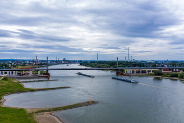 Fototapeta na wymiar Panoramic view of the A1 motorway bridge on the Rhine near Leverkusen. Drone photography.