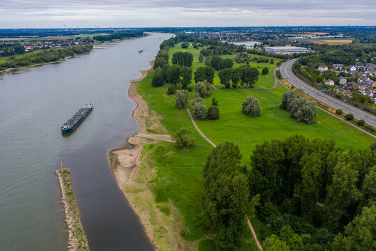 Panoramic view of the Rhine near Leverkusen. Drone photography.