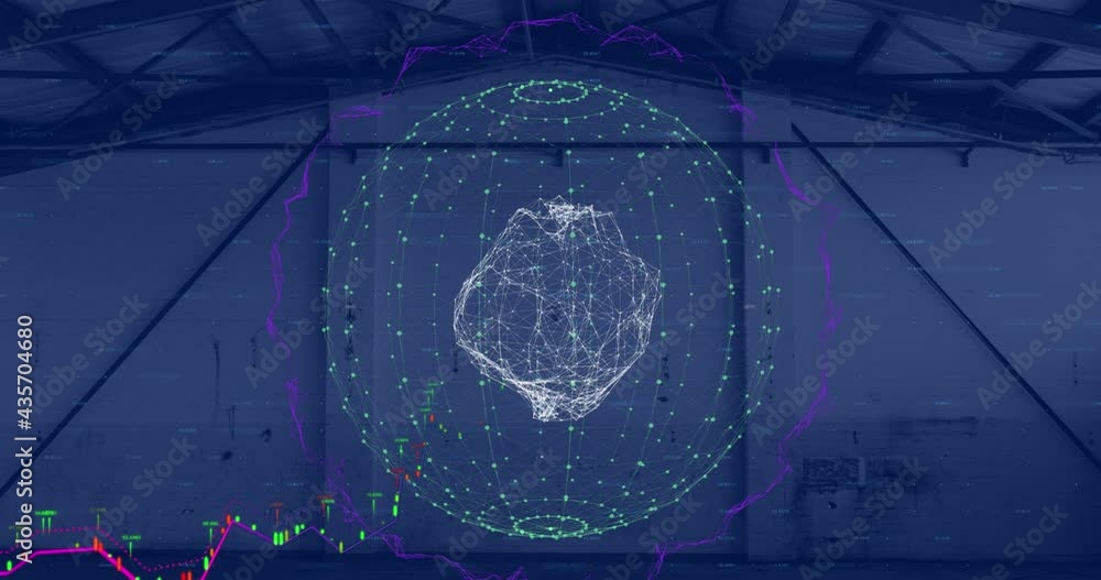 Poster animation of spinning globe with network of connections over empty warehouse