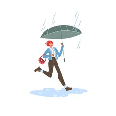 Vector flat cartoon character in autumn season run outdoor under the rain holding umbrella - fashion,emotions,healthy lifestyle social concept