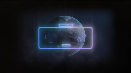 Animation of game control pad over spinning globe - Powered by Adobe