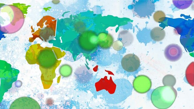 Animation of multi coloured spots flying over world map