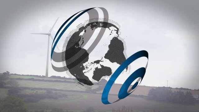 Animation of globe spinning with network of connections and wind turbine