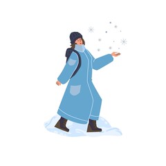 Vector flat cartoon character walking outdoor in snow at winter season - fashion,emotions,healthy lifestyle social concept