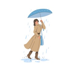 Vector flat cartoon character in autumn season walking outdoor under the rain holding umbrella - fashion,emotions,healthy lifestyle social concept