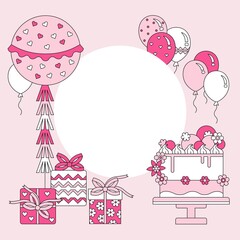 Celebration. Birthday party. Greeting card. Cake, balloons, gifts. Vector illustration.
