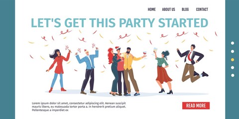 Vector cartoon flat characters friends rejoice together,young people celebrate Christmas and New Year holidays ,jumping happily - ready to use web online site design,social media concept