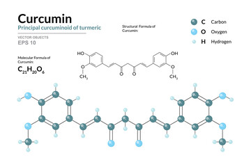 Curcumin. Principal curcuminoid of turmeric. C21H20O6. Structural Chemical Formula and Molecule 3d Model. Atoms with Color Coding. Vector Illustration