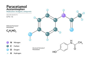 Paracetamol. Acetaminophen. Medication. Analgesic, antipyretic. C8H9NO2. Structural Chemical Formula and Molecule 3d Model. Atoms with Color Coding. Vector Illustration